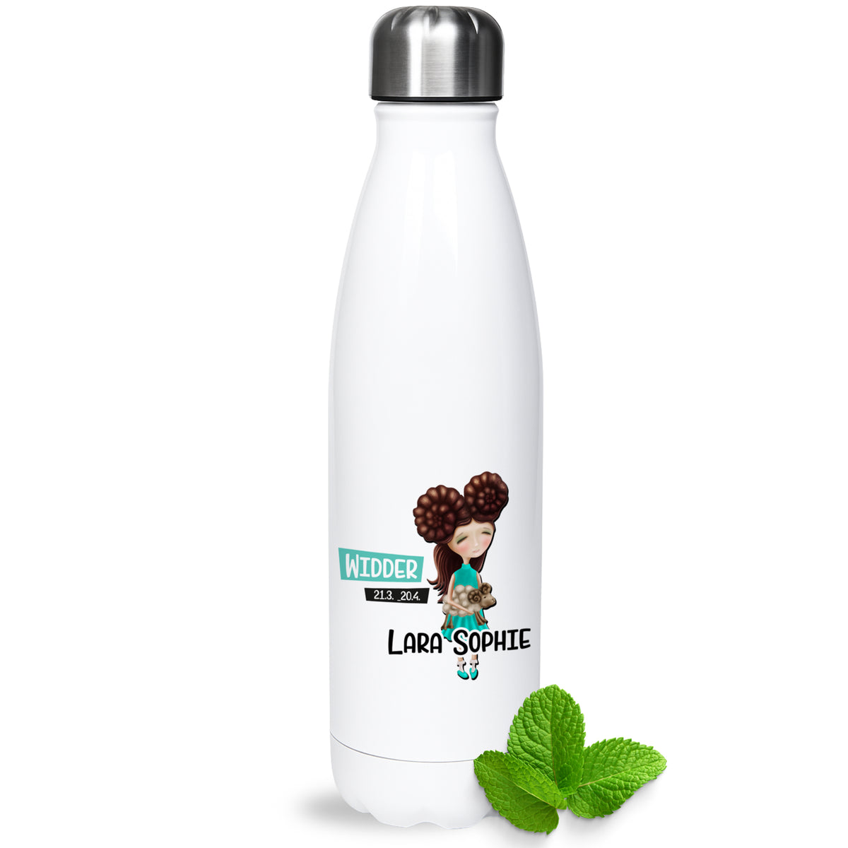 Weiße Edelstahl-Trinkflasche mit personalisiertem Design und Namen.