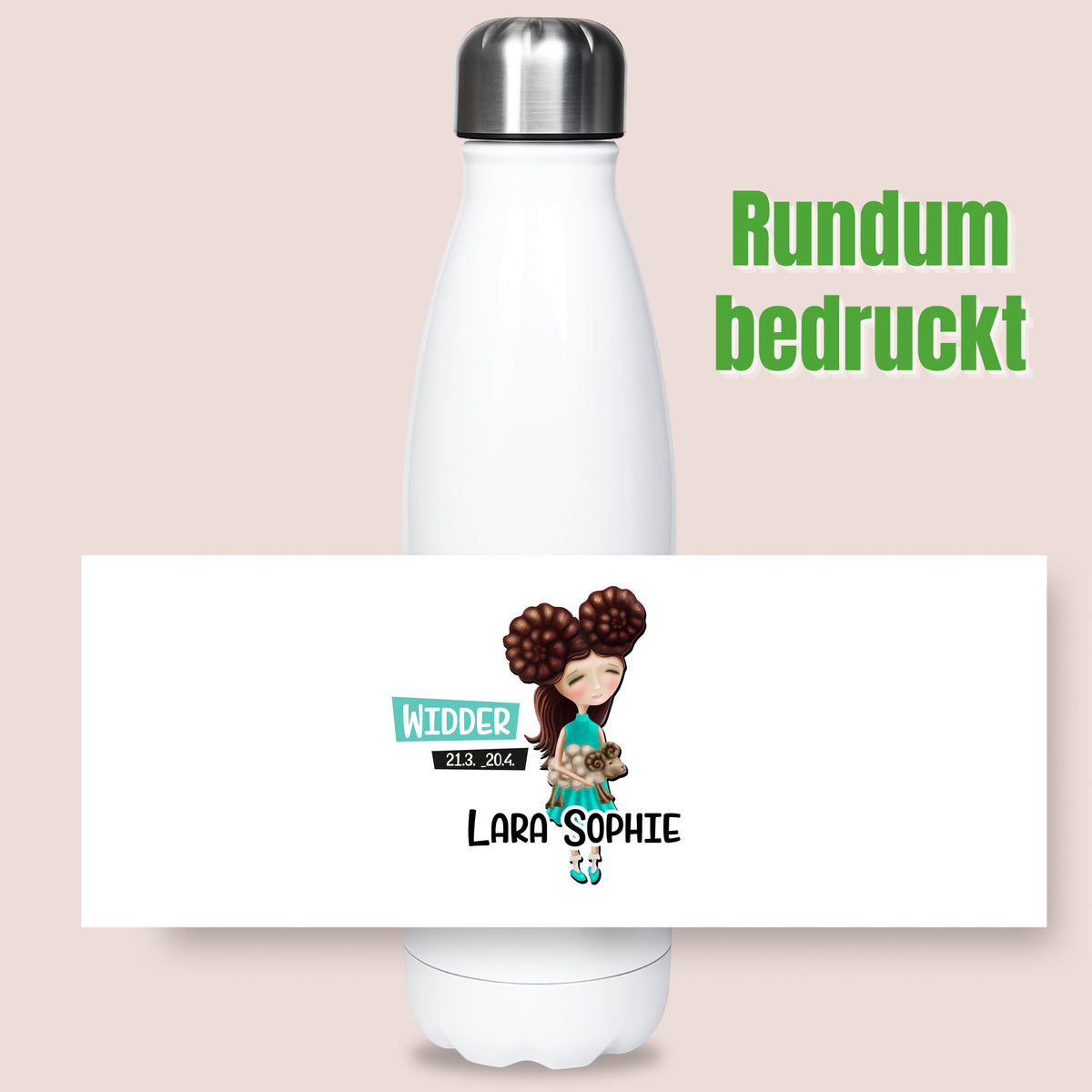 Weiße Trinkflasche mit rundum Druck, personalisiert für Lara Sophie.