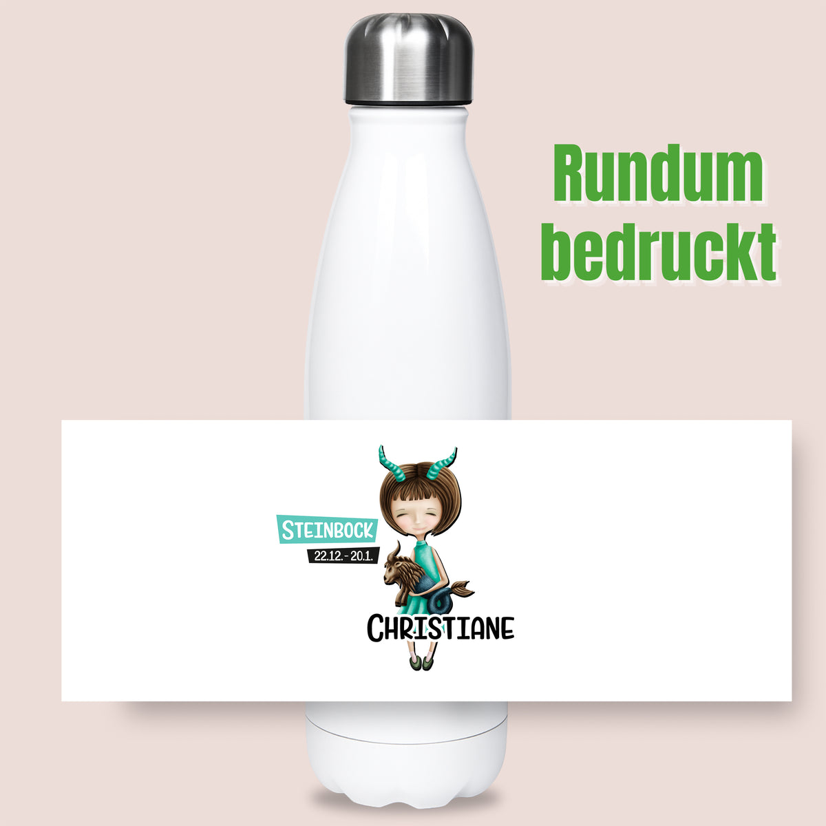 Weiße Trinkflasche mit rundum bedrucktem Design und Namen.