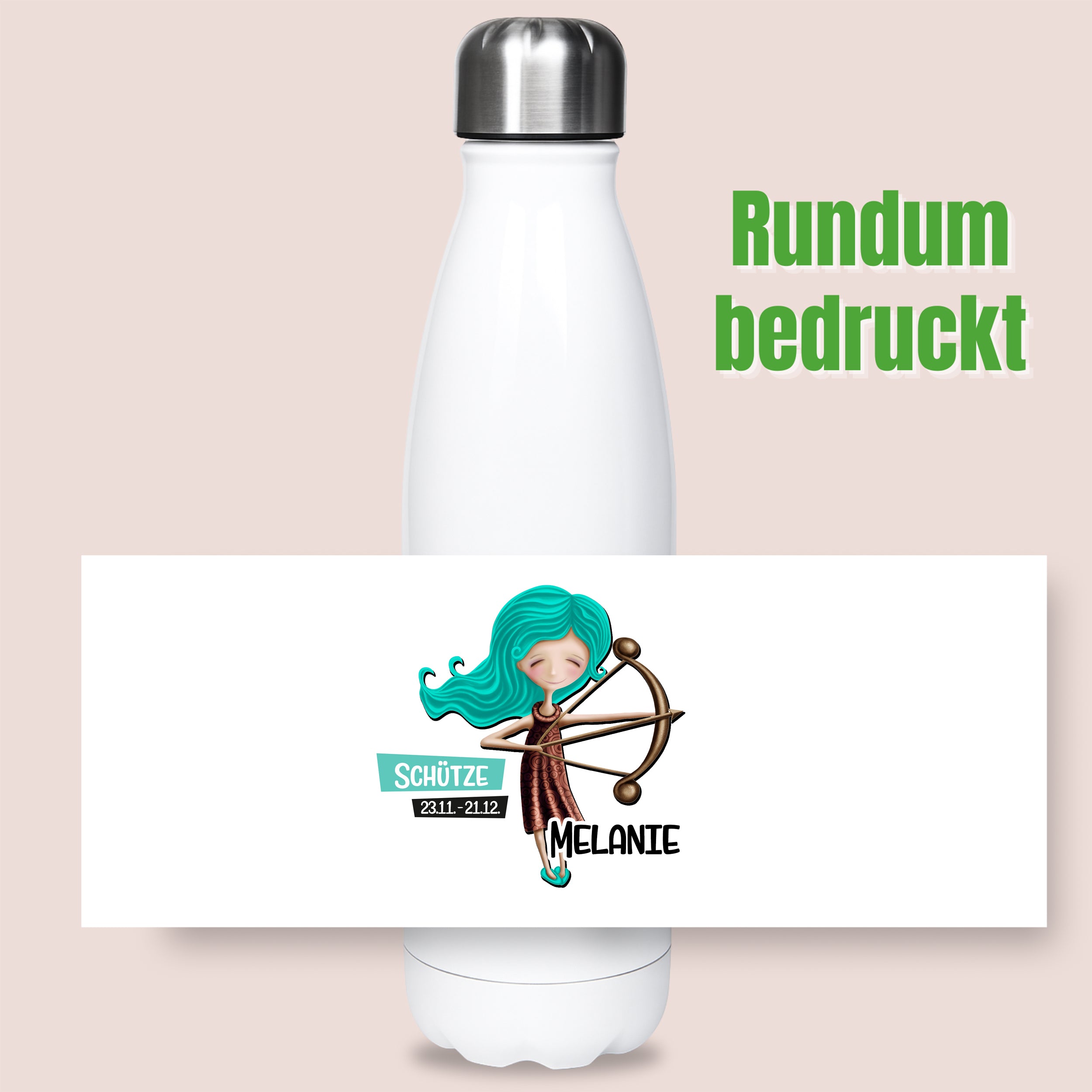 Wasserflasche mit Schütze-Motiv, grüne Haare, personalisiert.