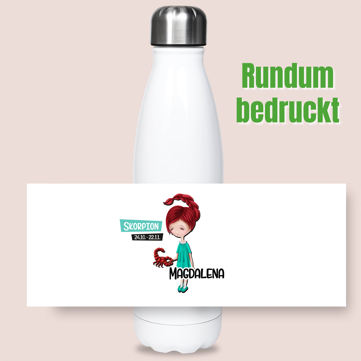 Weiße Trinkflasche mit rundum bedrucktem Design und Namen.