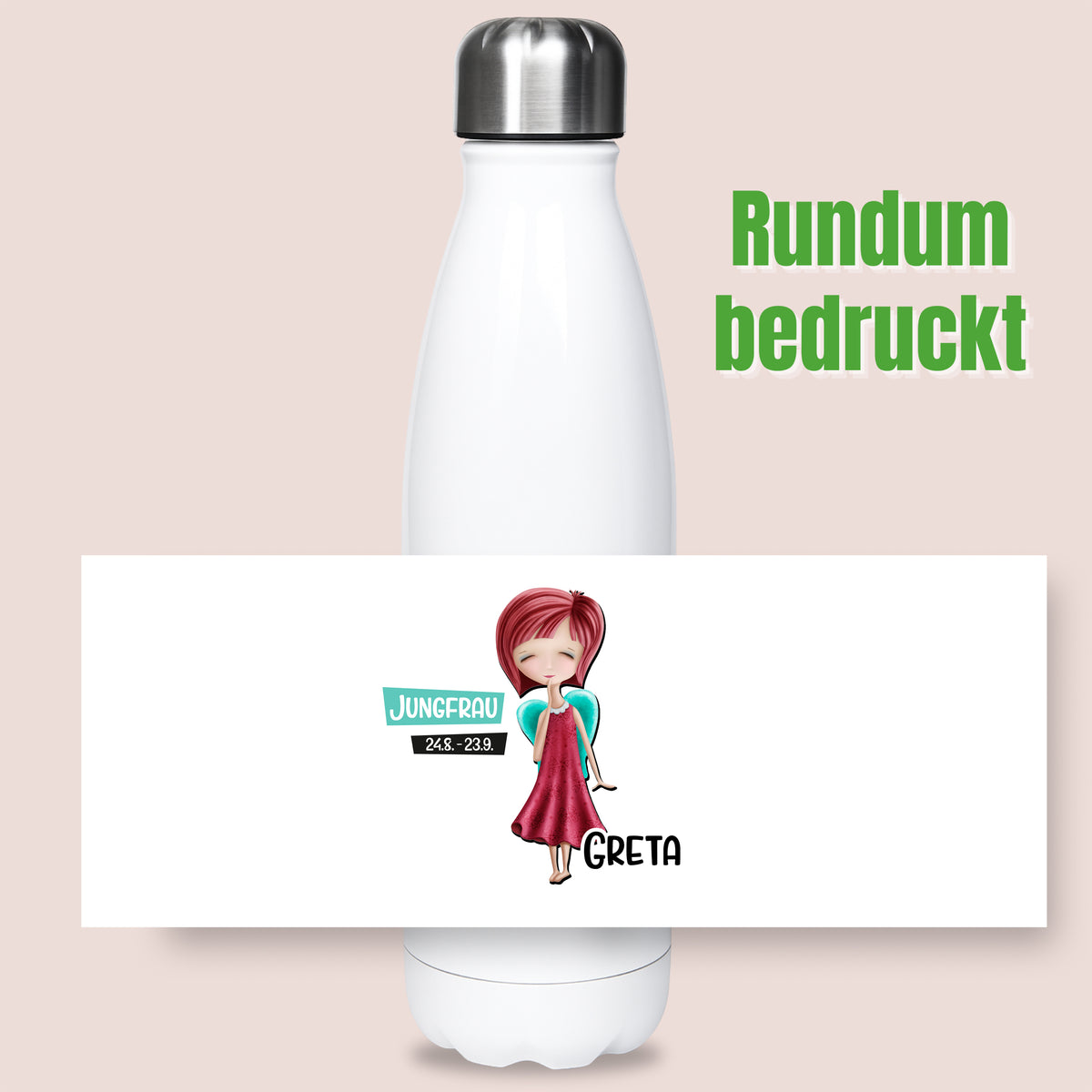 Weiße Edelstahl-Trinkflasche mit buntem Druck und Cartoonfigur.