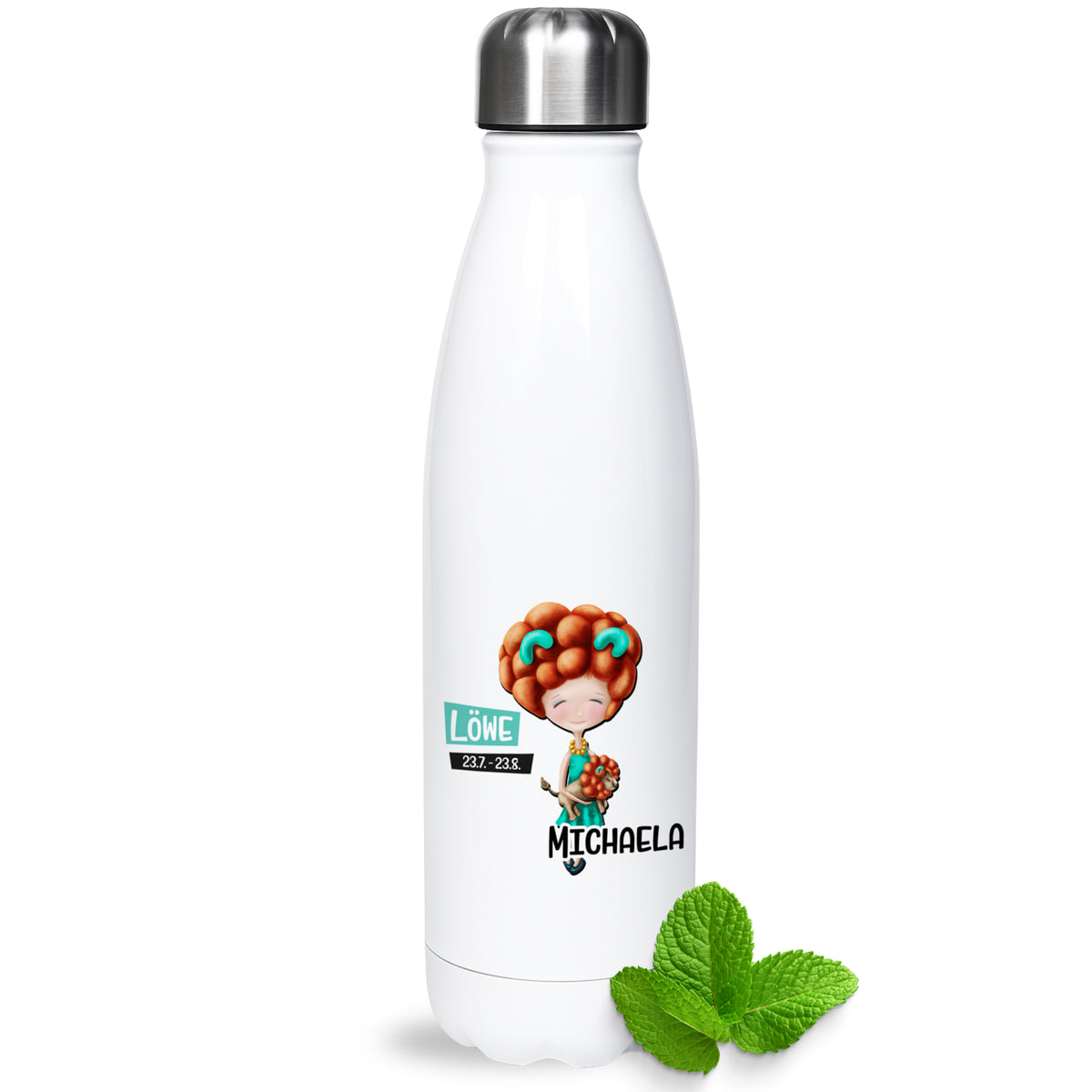 Weiße Trinkflasche mit buntem Cartoon-Design und Namen.