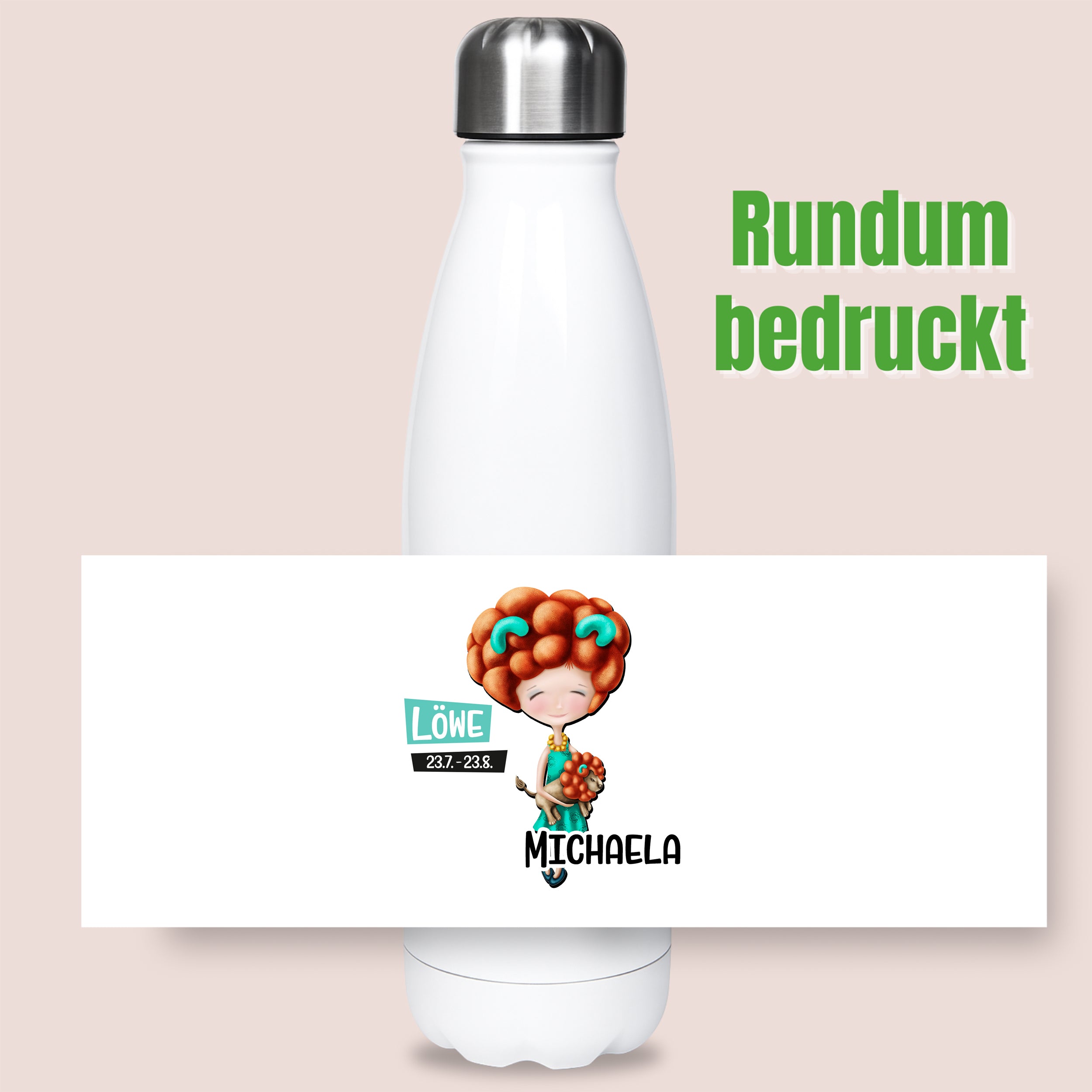 Weiße Trinkflasche mit buntem, rundum bedrucktem Design.