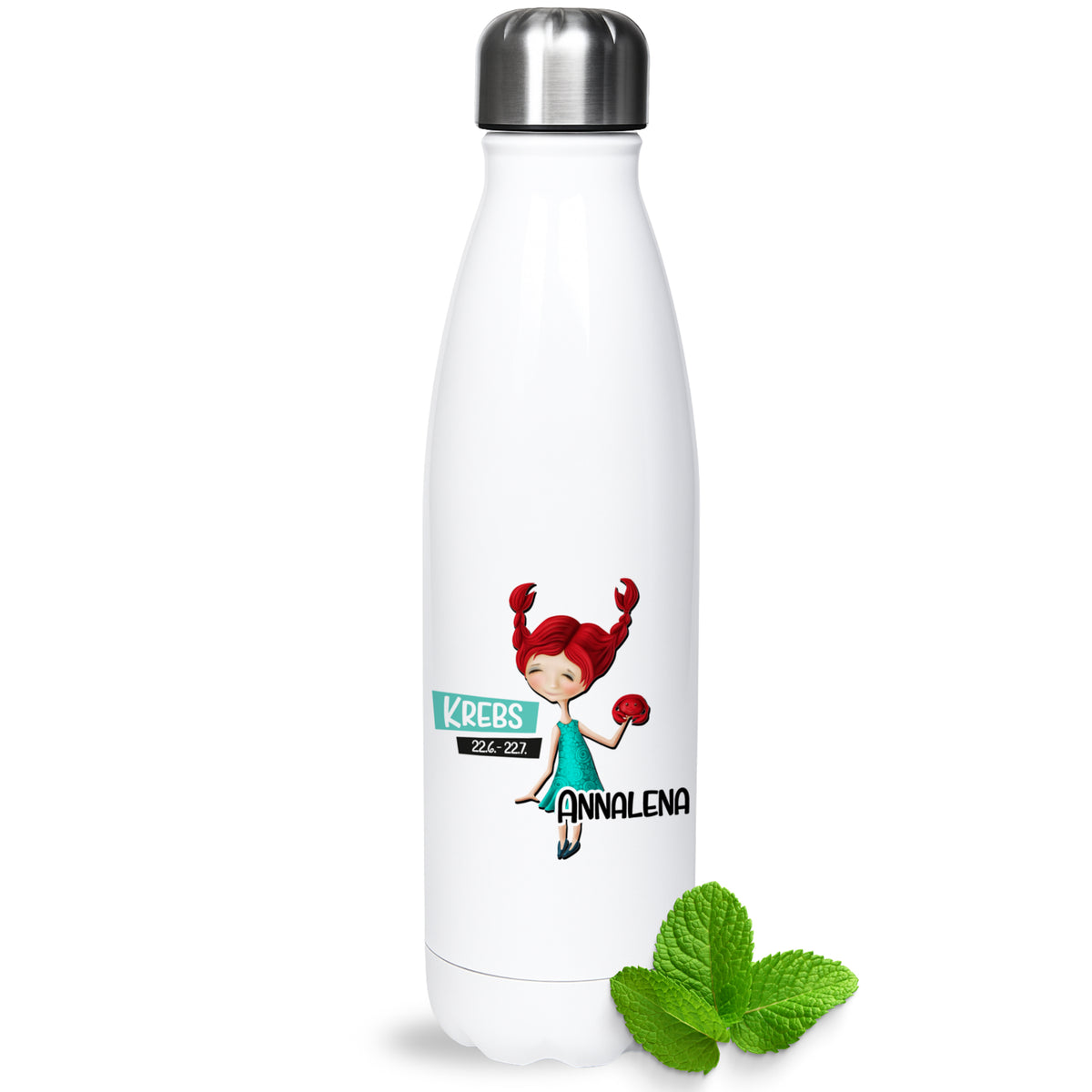 Weiße Edelstahl-Trinkflasche mit rotem Mädchen-Design und Mintblatt.