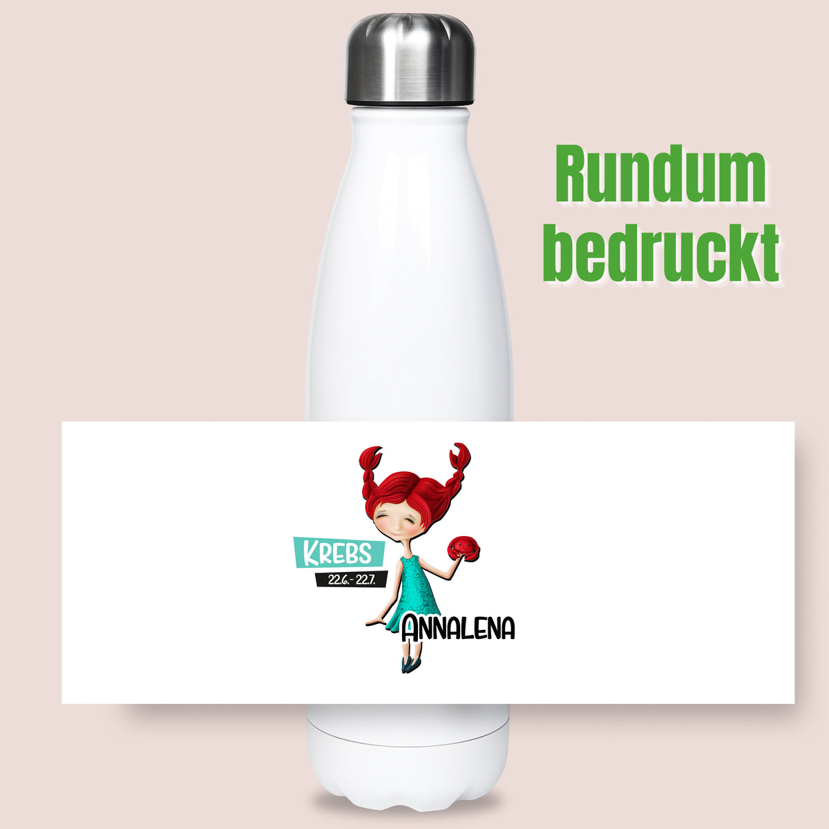 Weiße Trinkflasche mit buntem, rundum bedrucktem Design.