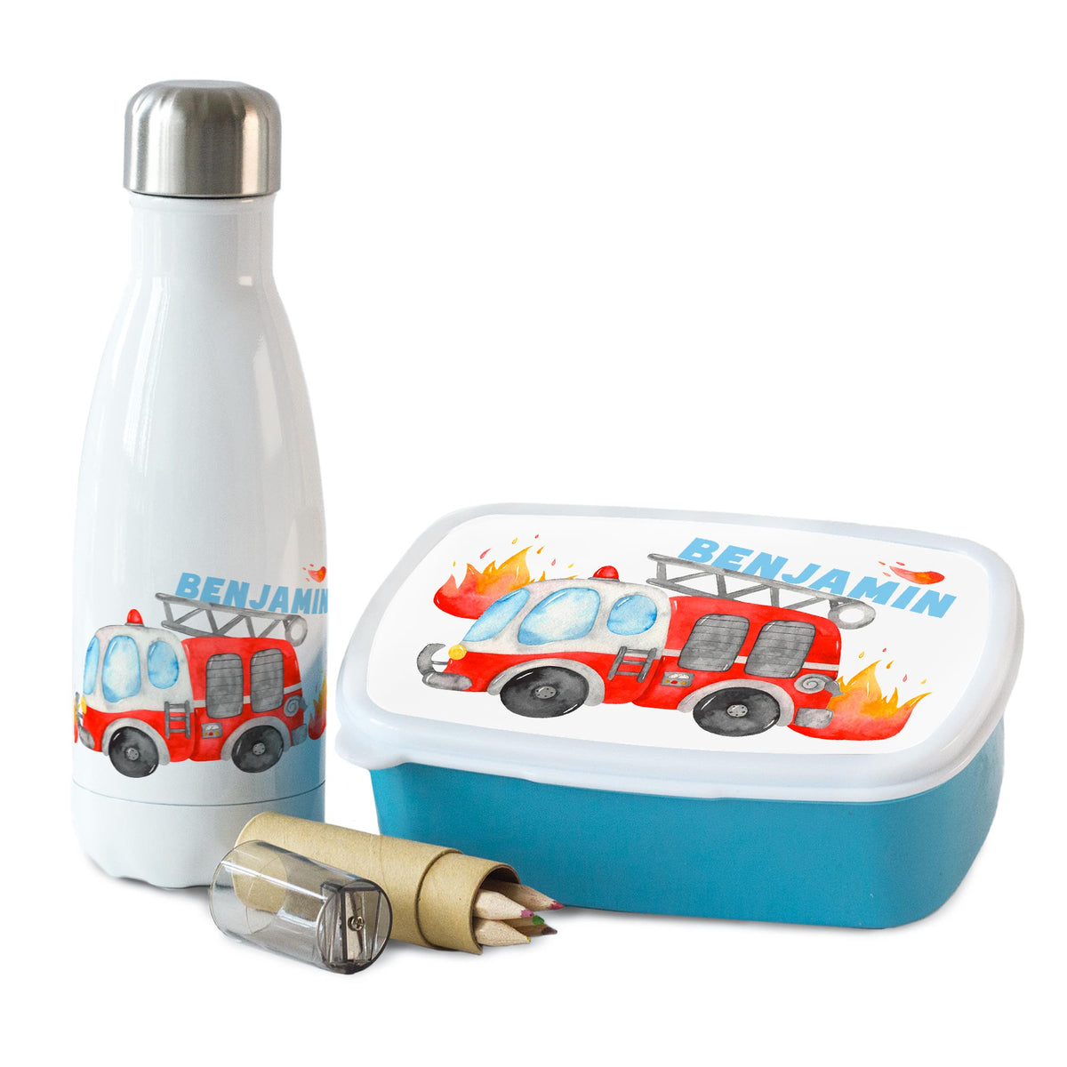 Wasserflasche und Brotdose mit Feuerwehr-Motiv in Weiß und Blau.