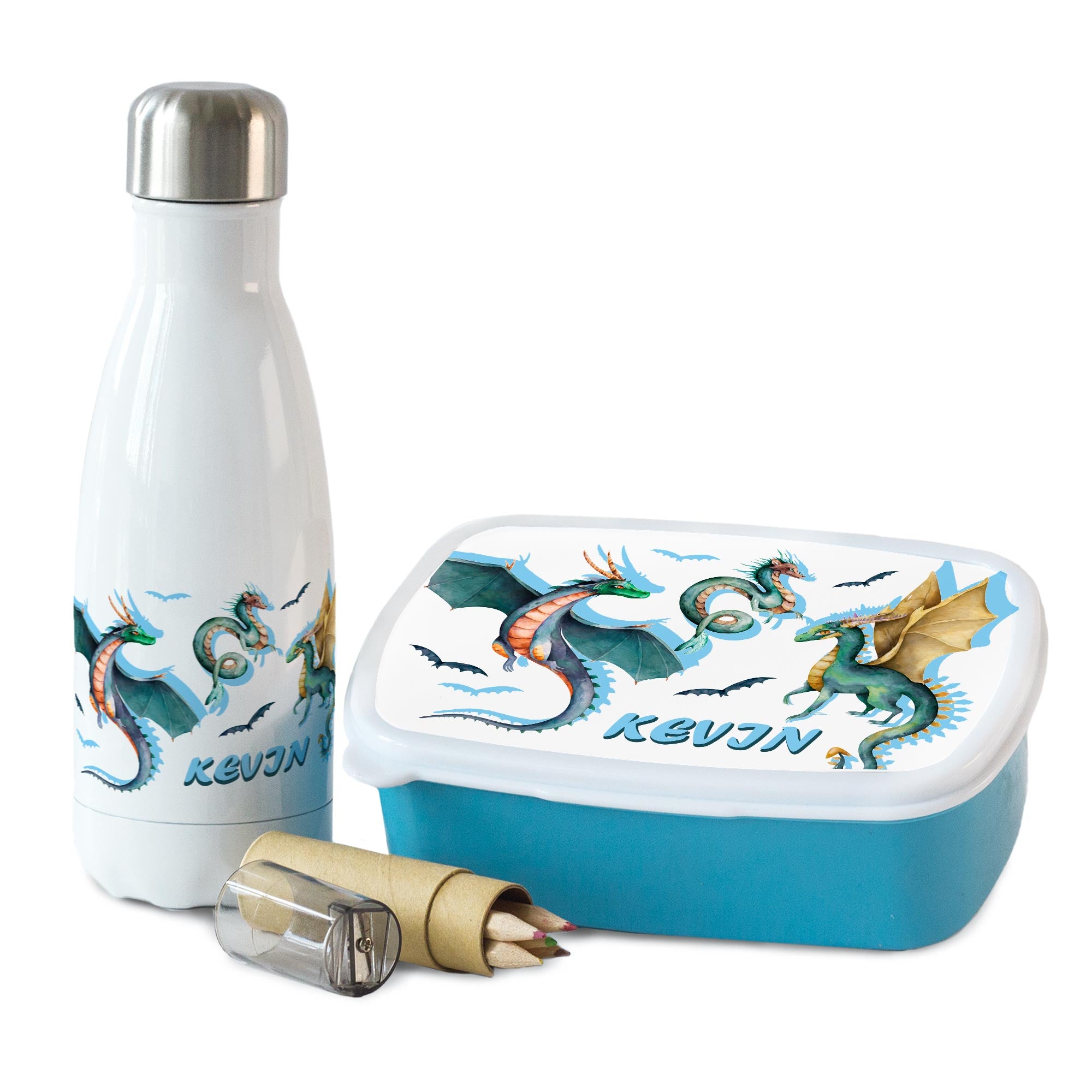Edelstahl-Trinkflasche und Brotdose mit Drachenmotiv.