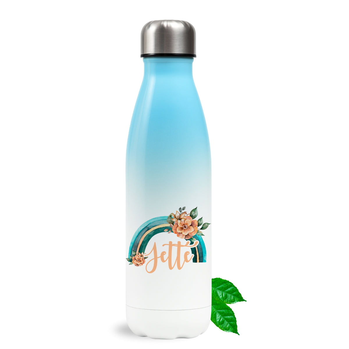 Blaue Wasserflasche mit Blumen- und Regenbogenmotiv.