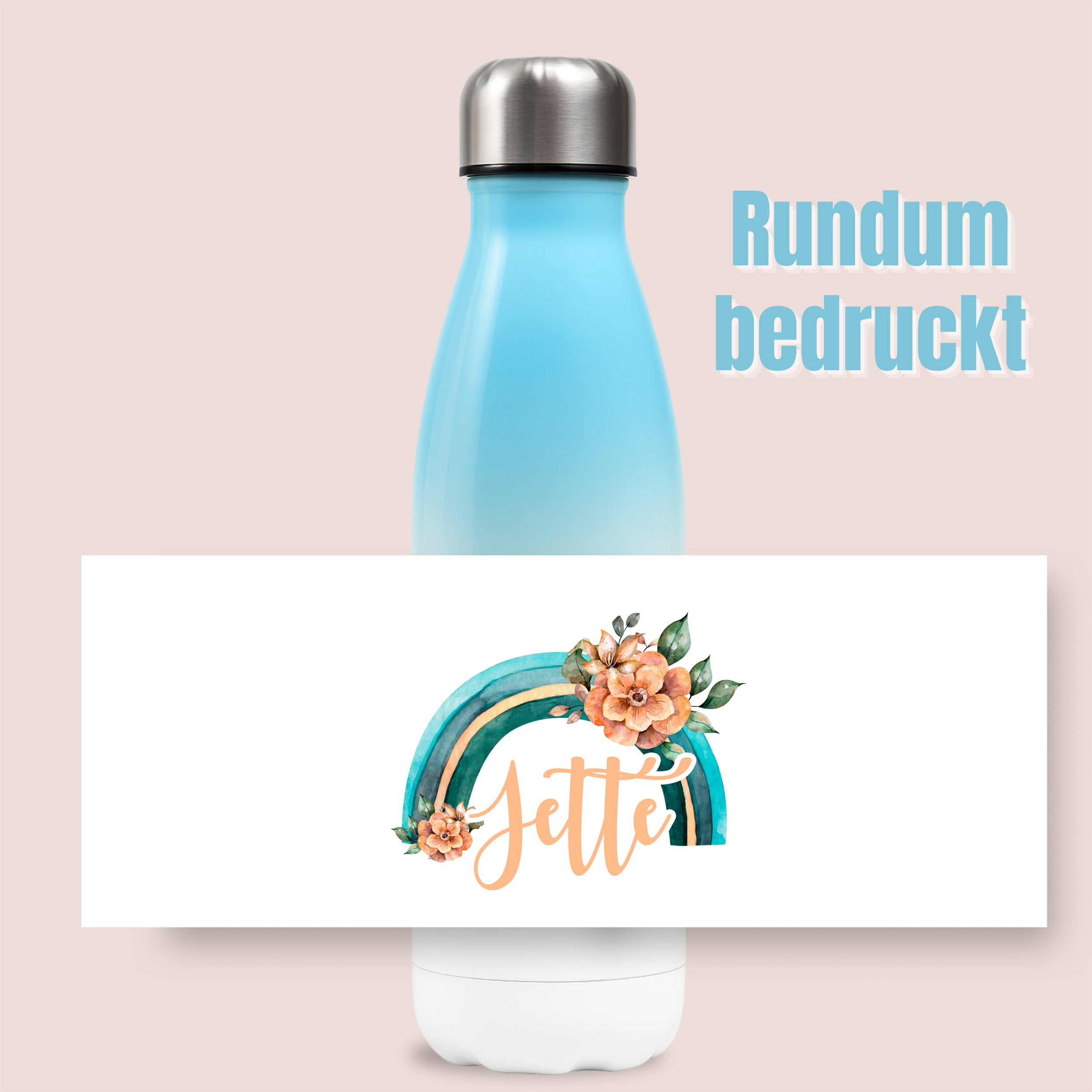 Blaue Trinkflasche mit buntem Regenbogen-Design.