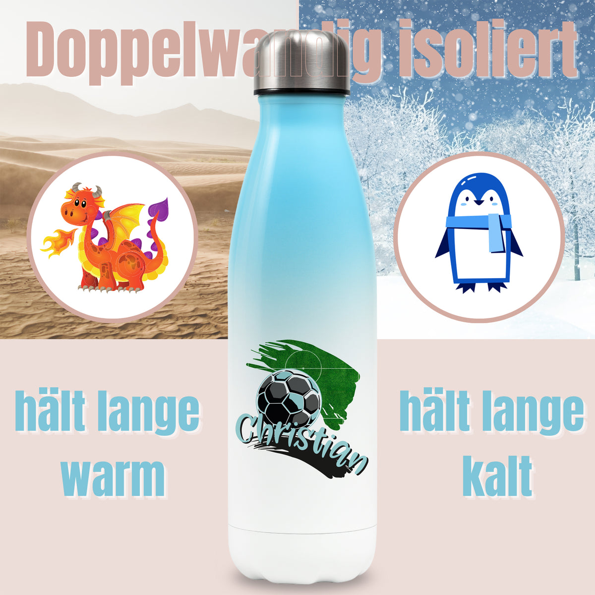 Doppelwandige isolierte Trinkflasche in Blau mit Fußballmotiv.