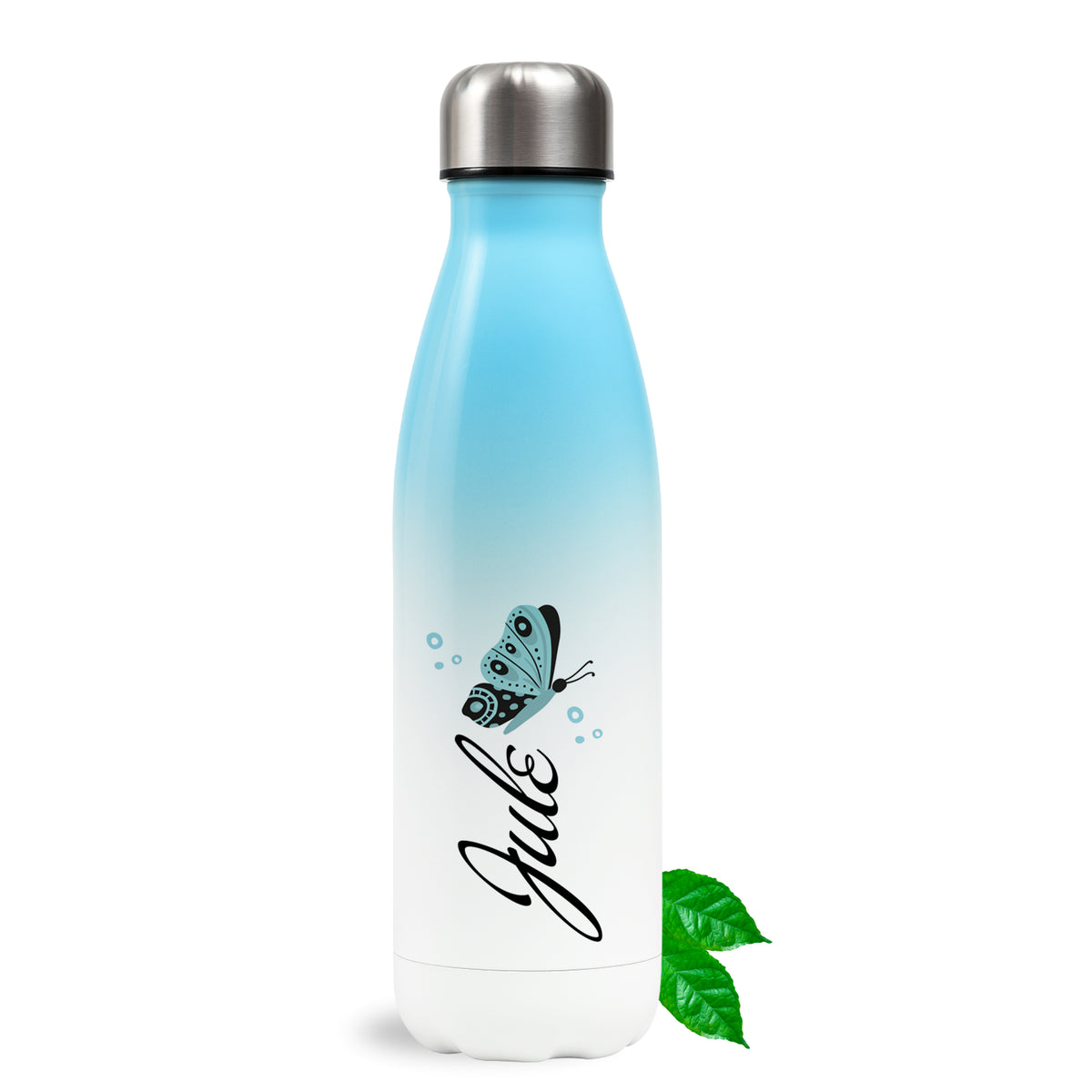 Blaue Edelstahl-Trinkflasche mit Schmetterlingsdesign und Namen.