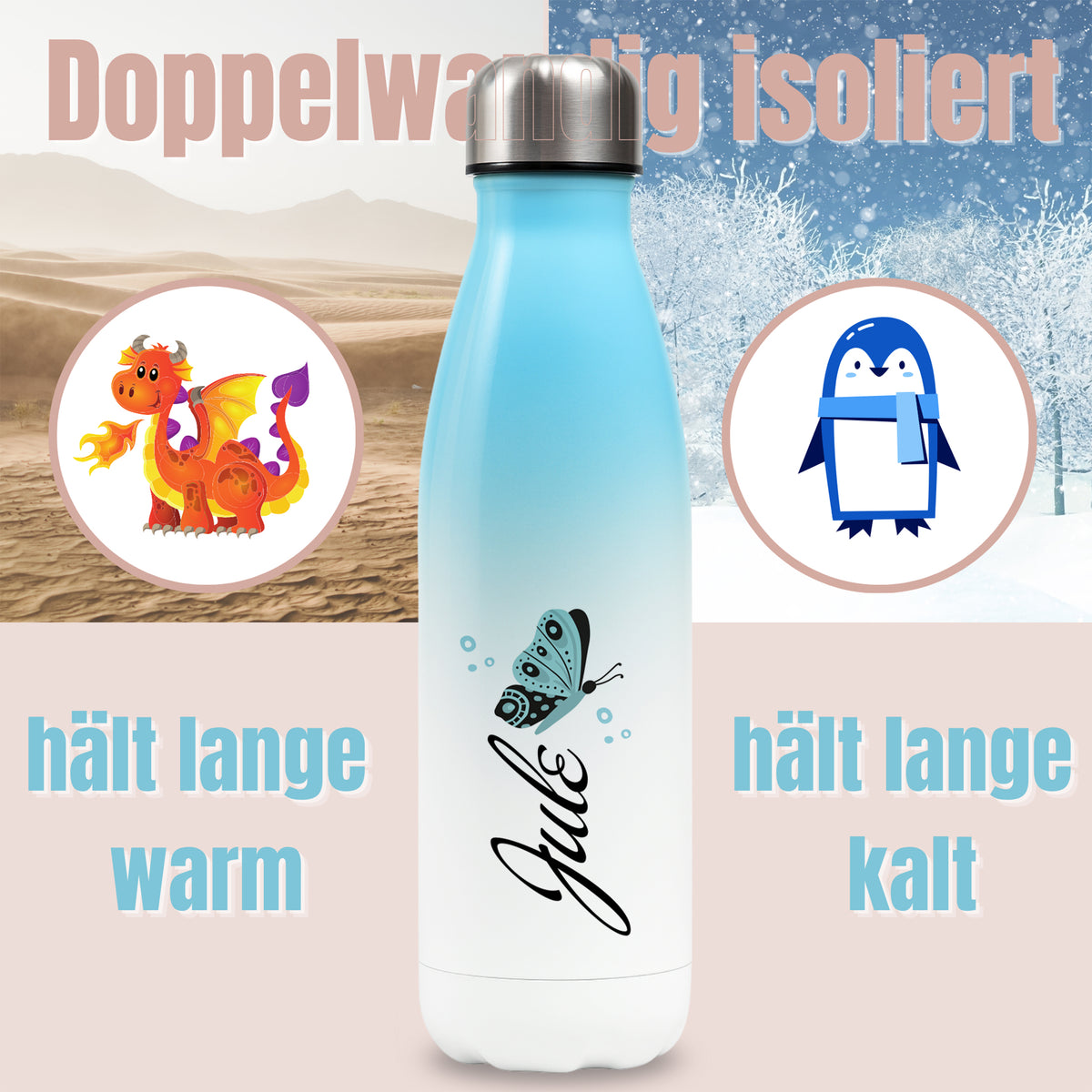 Doppelwandige isolierte Trinkflasche in Blau mit Schmetterling.