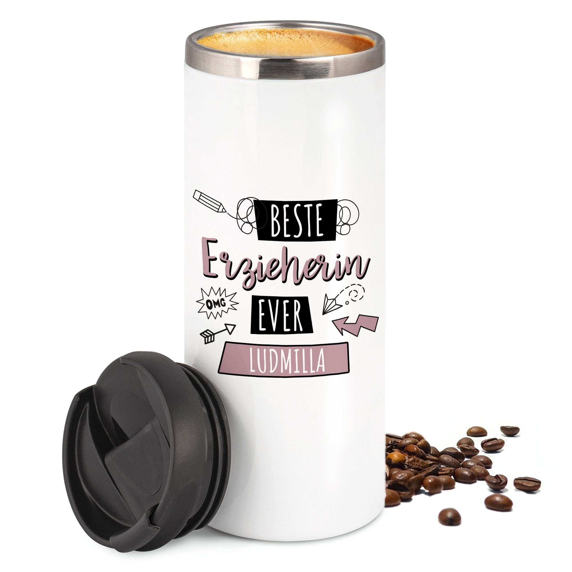 Weißer Thermobecher mit Aufschrift "Beste Erzieherin Ever Ludmilla".