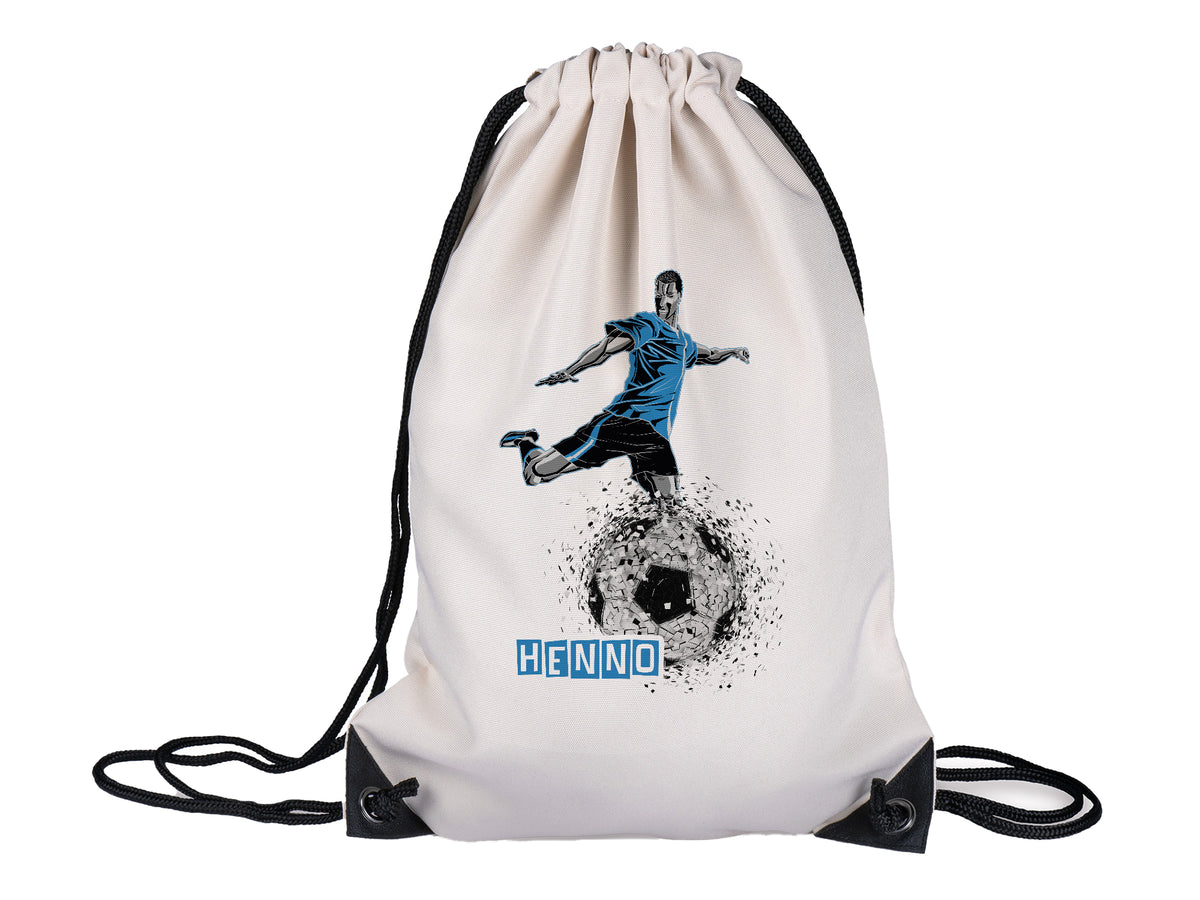Beige Sportbeutel mit Fußballmotiv und blauem Schriftzug.