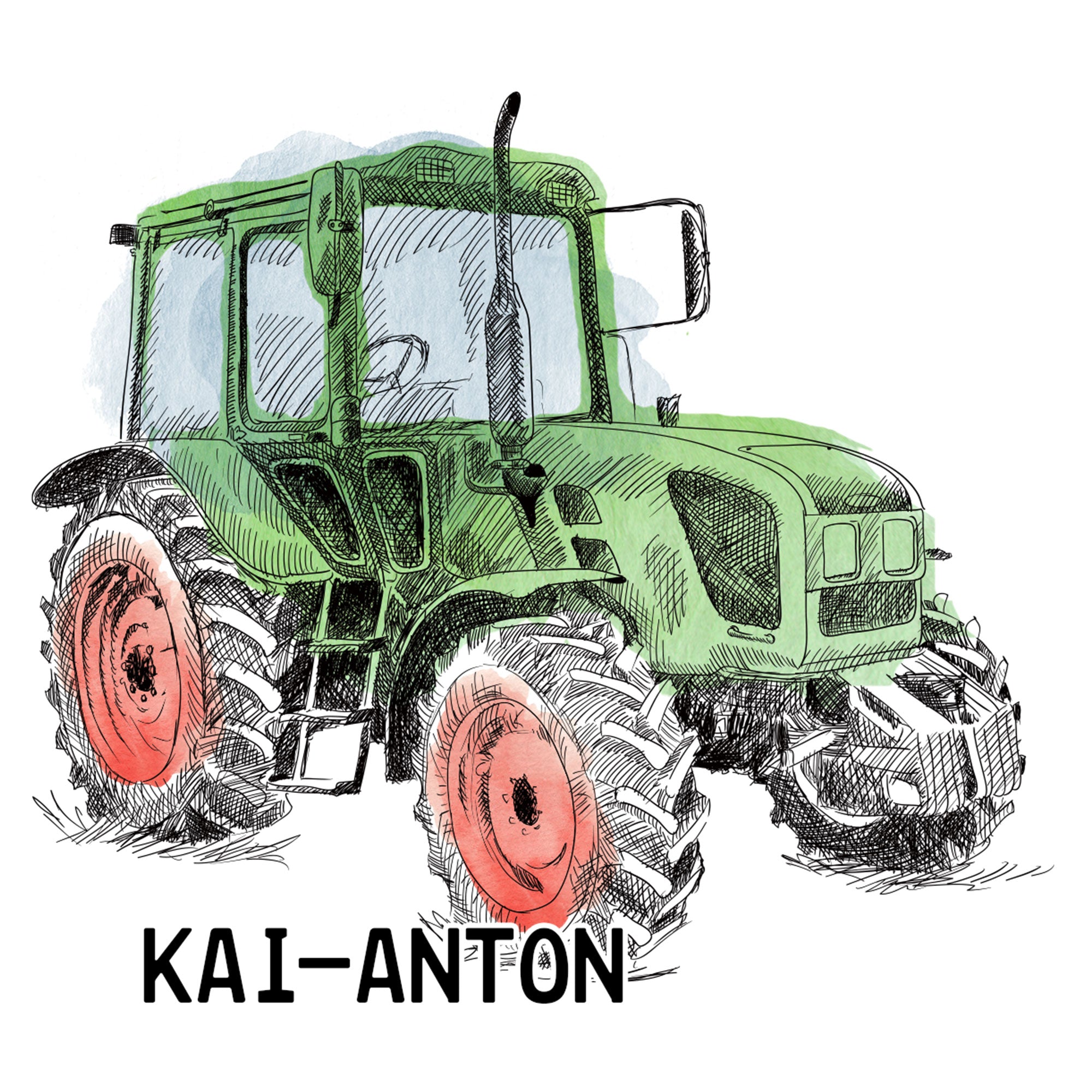 Grüner Traktor mit roten Reifen und Käfig.