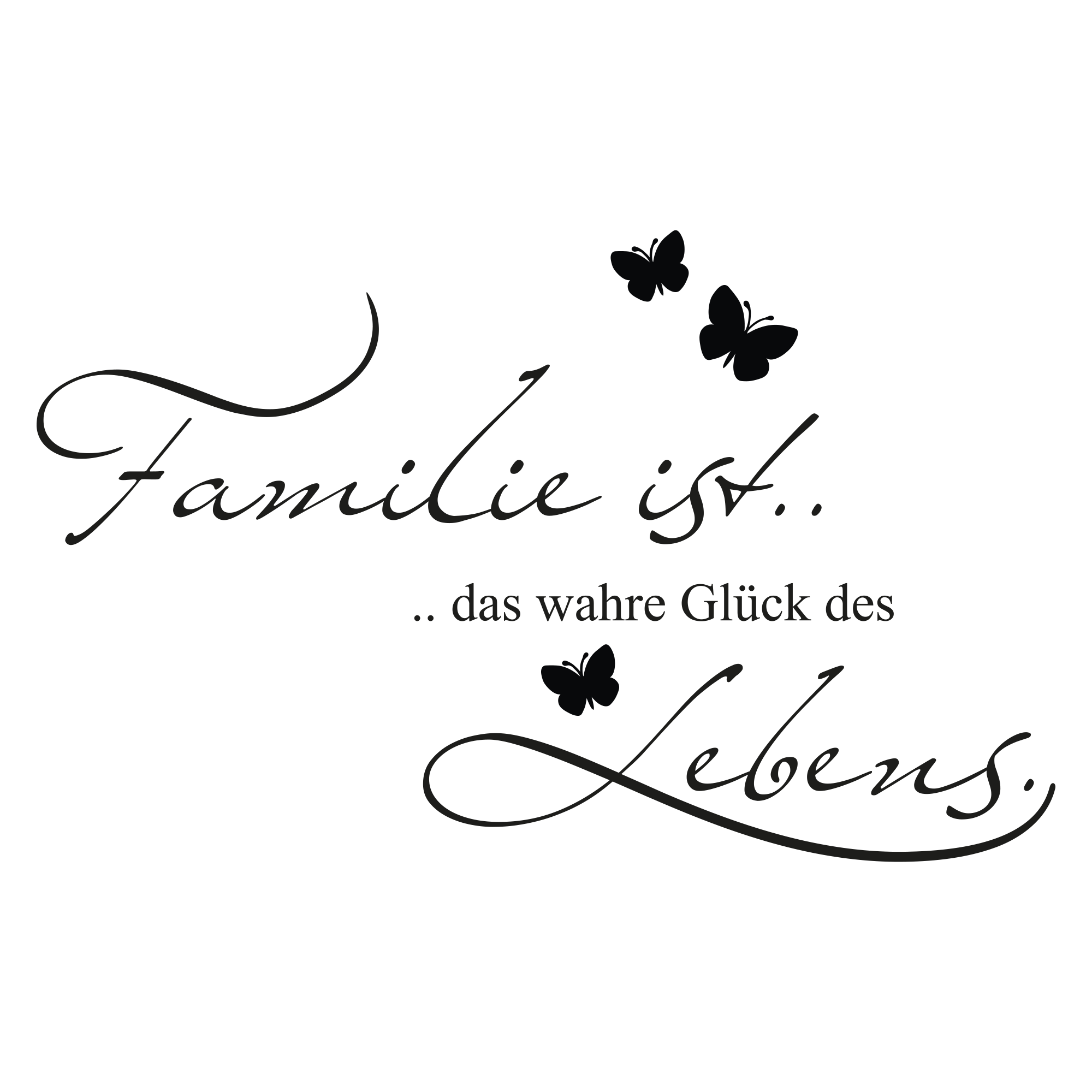 Schwarze Schrift mit Schmetterlingen, Spruch über Familie.