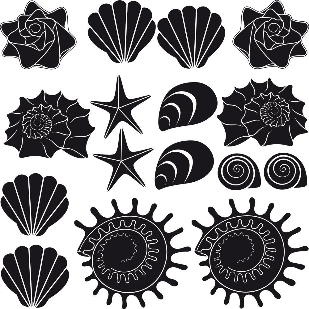 Schwarz-weiße Motive von Muscheln und Blumen.