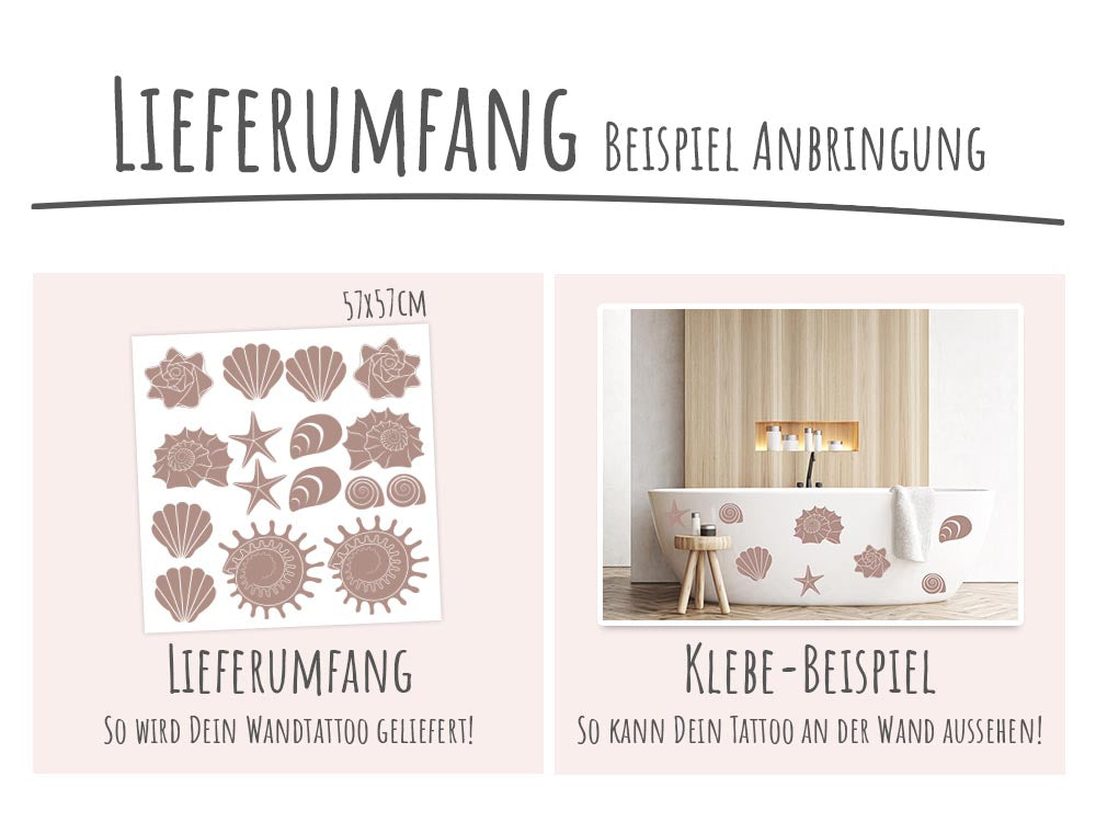 Wandtattoo mit Muscheln und Sternen in Beige.