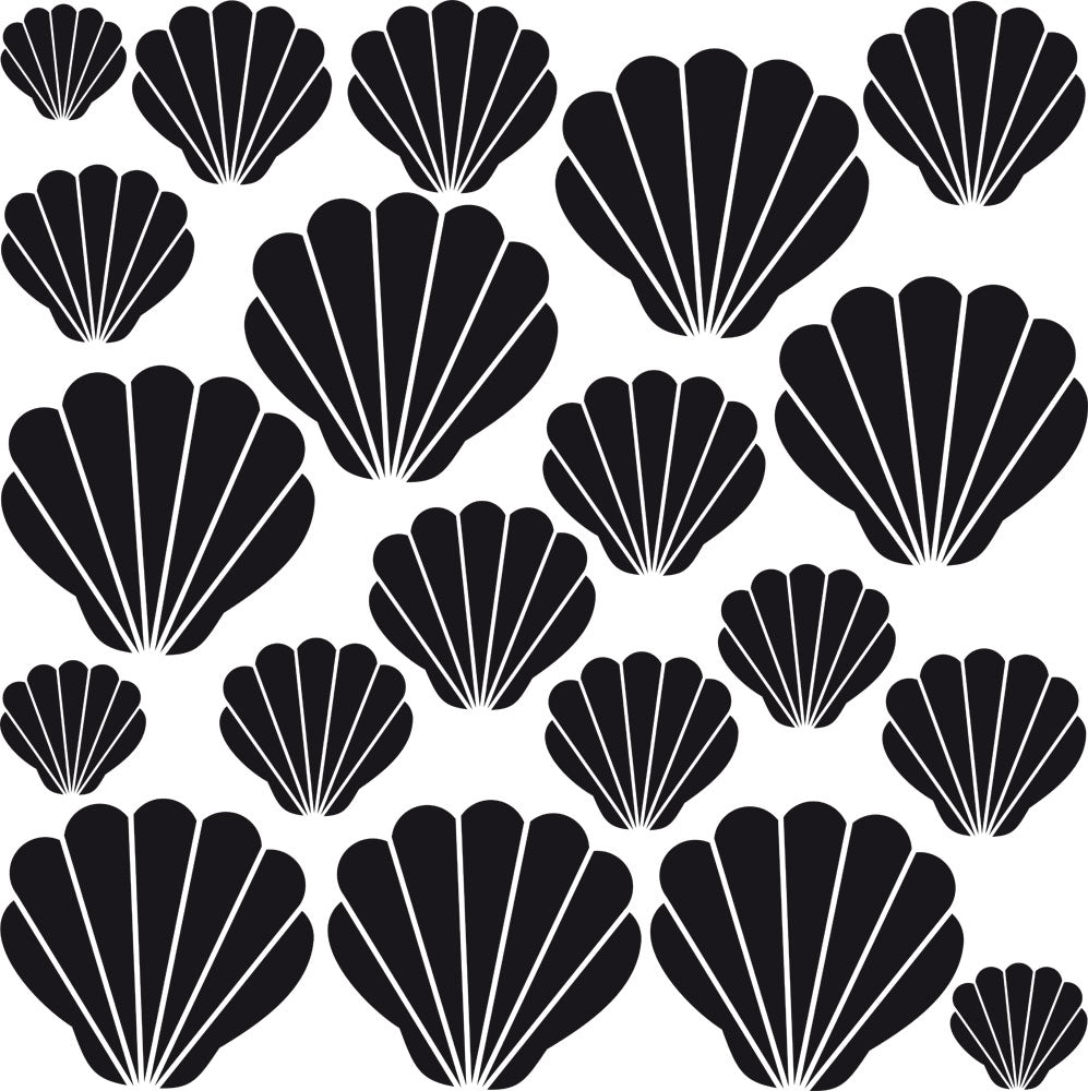 Schwarze Muschelmuster auf weißem Hintergrund.