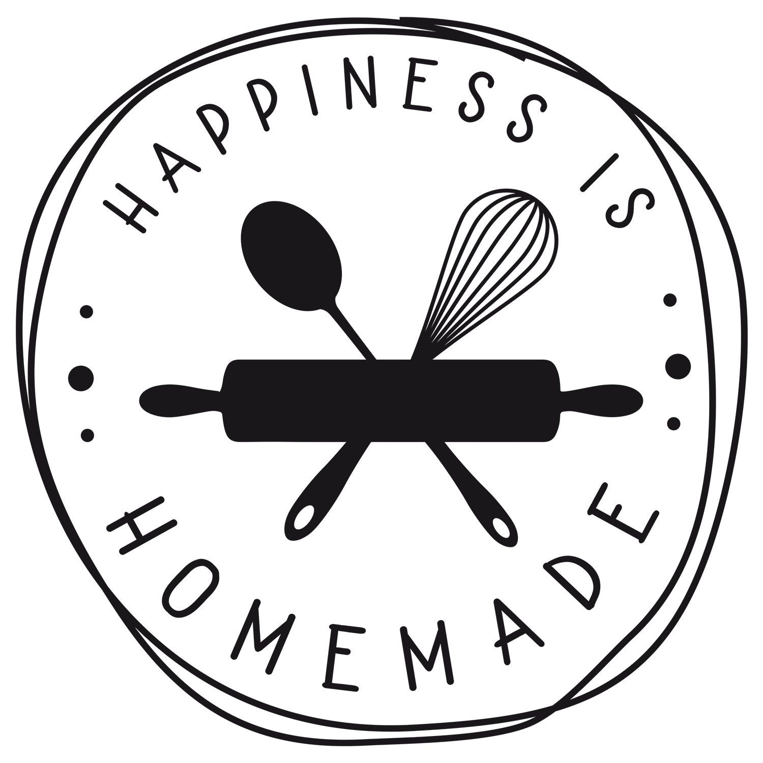 Happiness is homemade, Schwarz-Weiß, Kochutensilien-Design.