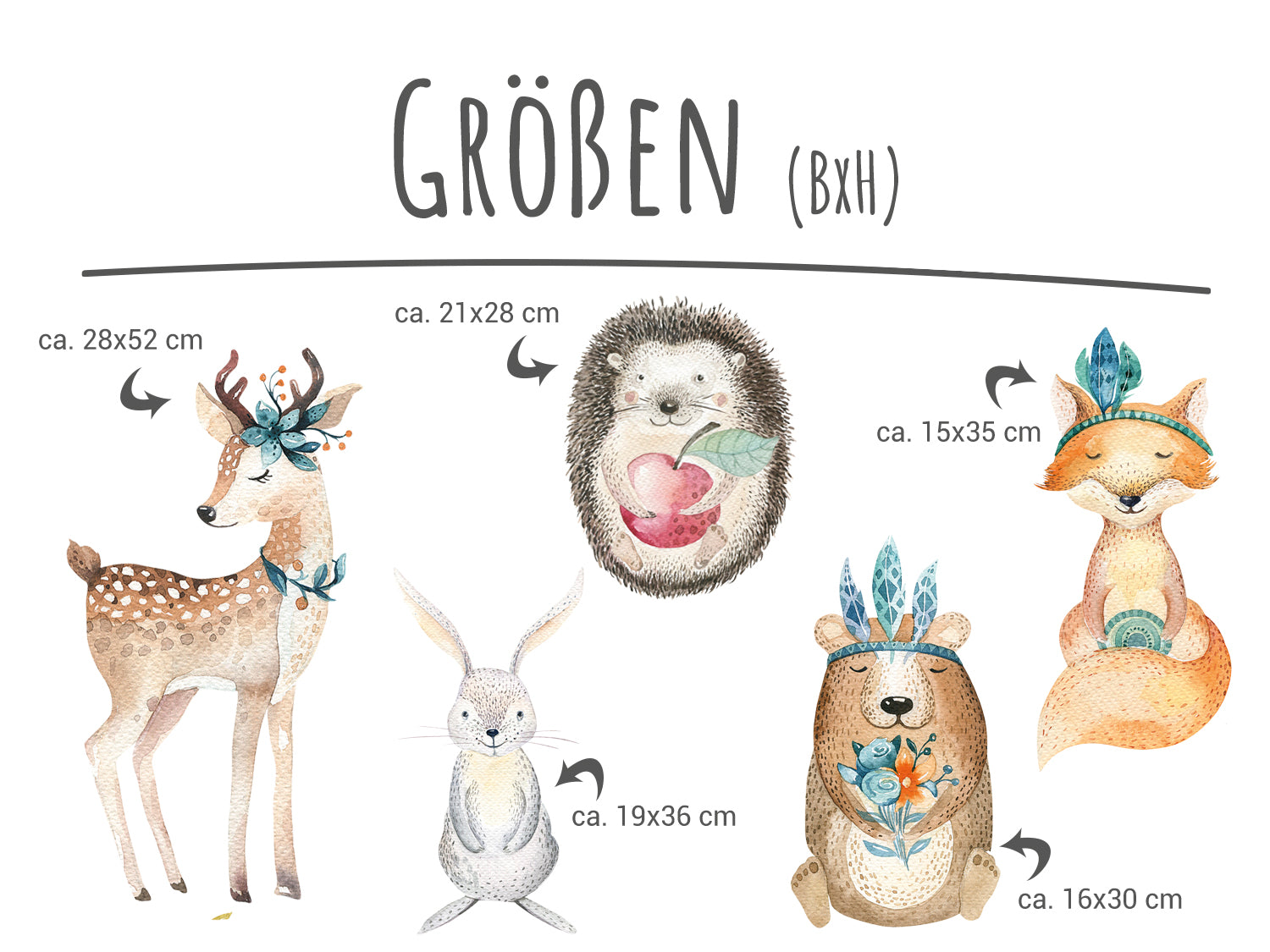 Hirsch, braun mit Blumenkranz; Igel, grau mit Herz; Fuchs, orange mit Federn.
