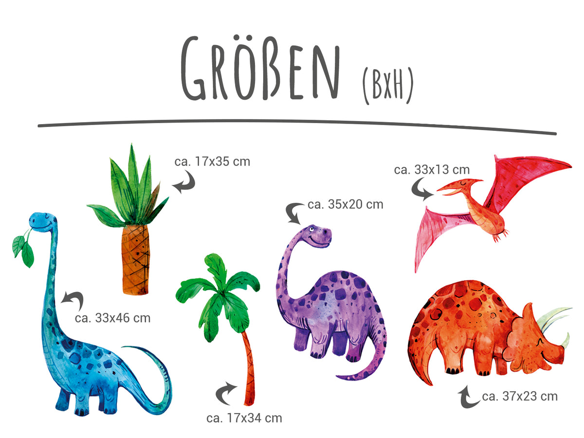 Bunte Dinosaurier und Pflanzen in verschiedenen Größen.