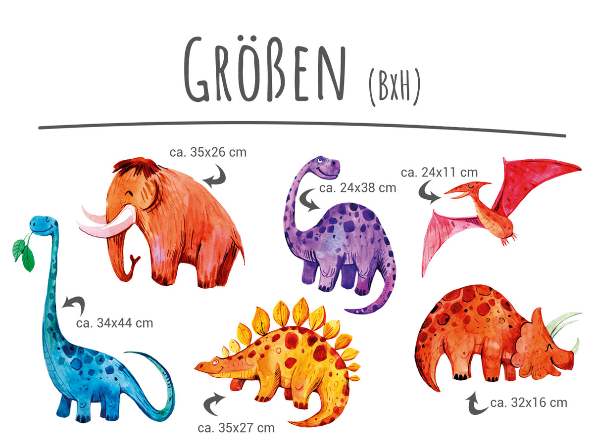 Bunte Dinosaurier und Mammut mit Größenangaben.