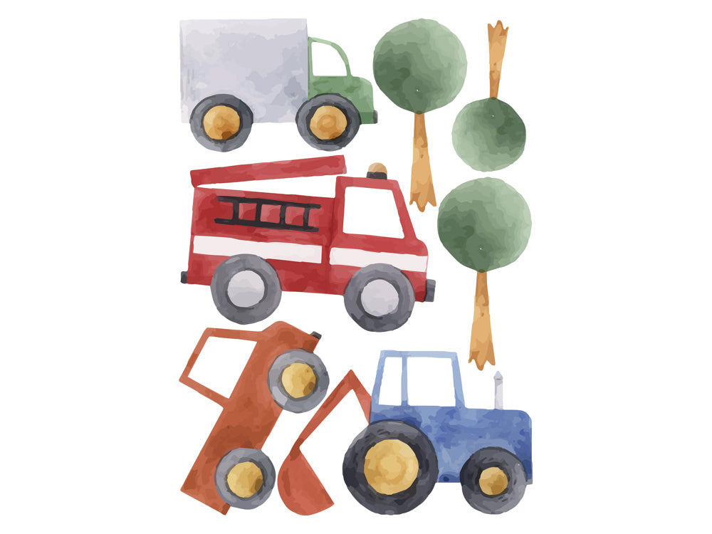 Wandtattoo Bunte Fahrzeuge: rotes Feuerwehrauto, grüner Lkw, blauer Traktor.