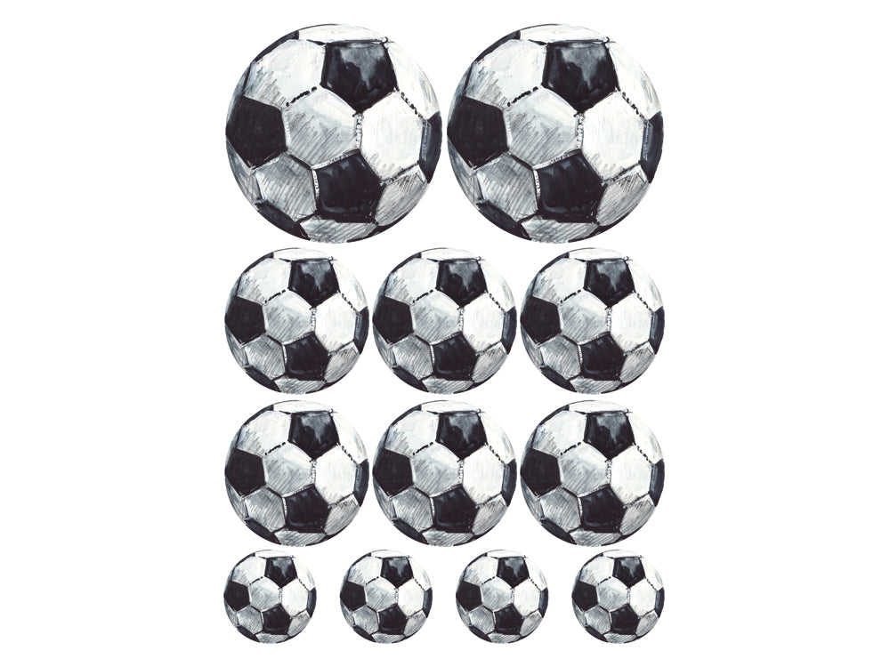 Schwarze und weiße Fußballmuster in verschiedenen Größen.