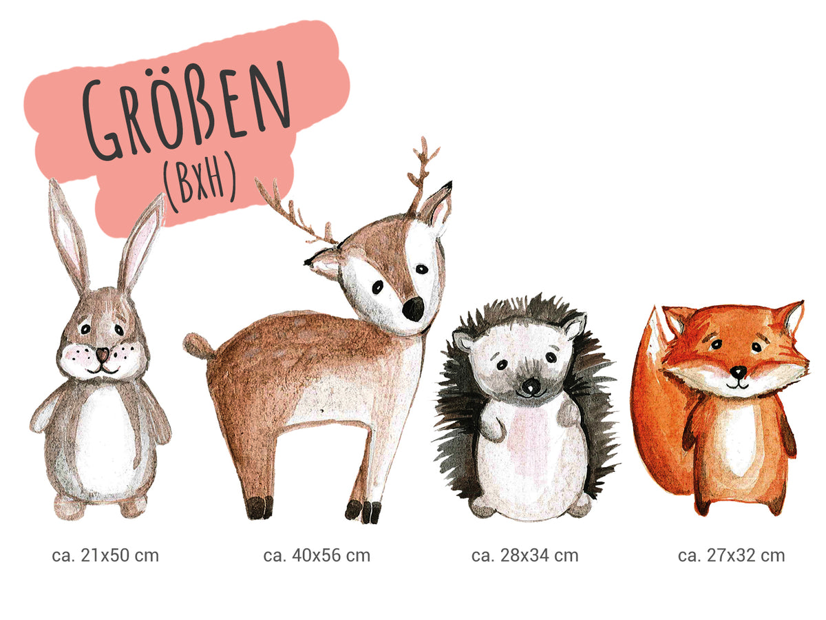 Hase, Reh, Igel und Fuchs in Pastellfarben.