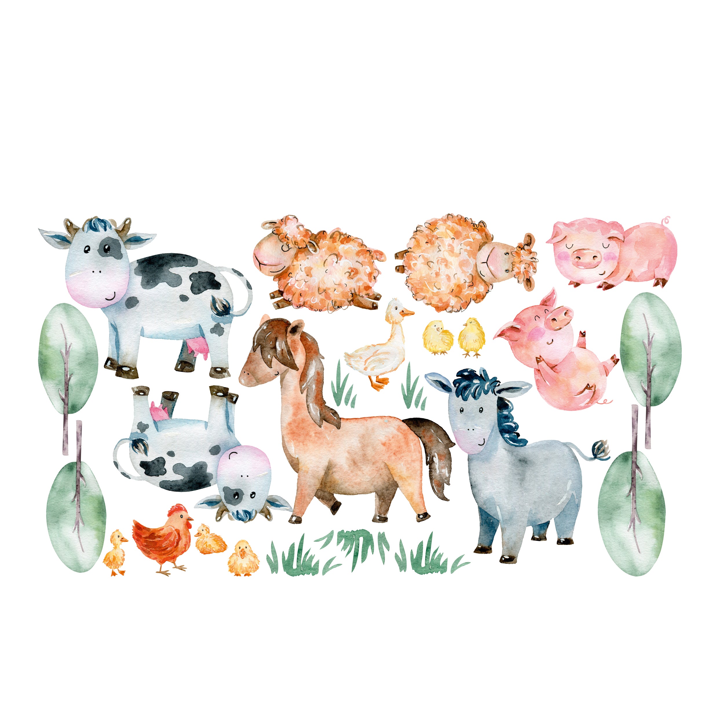 Bunte Tiere: Kuh, Schafe, Pferde, Schweine und Hühner.