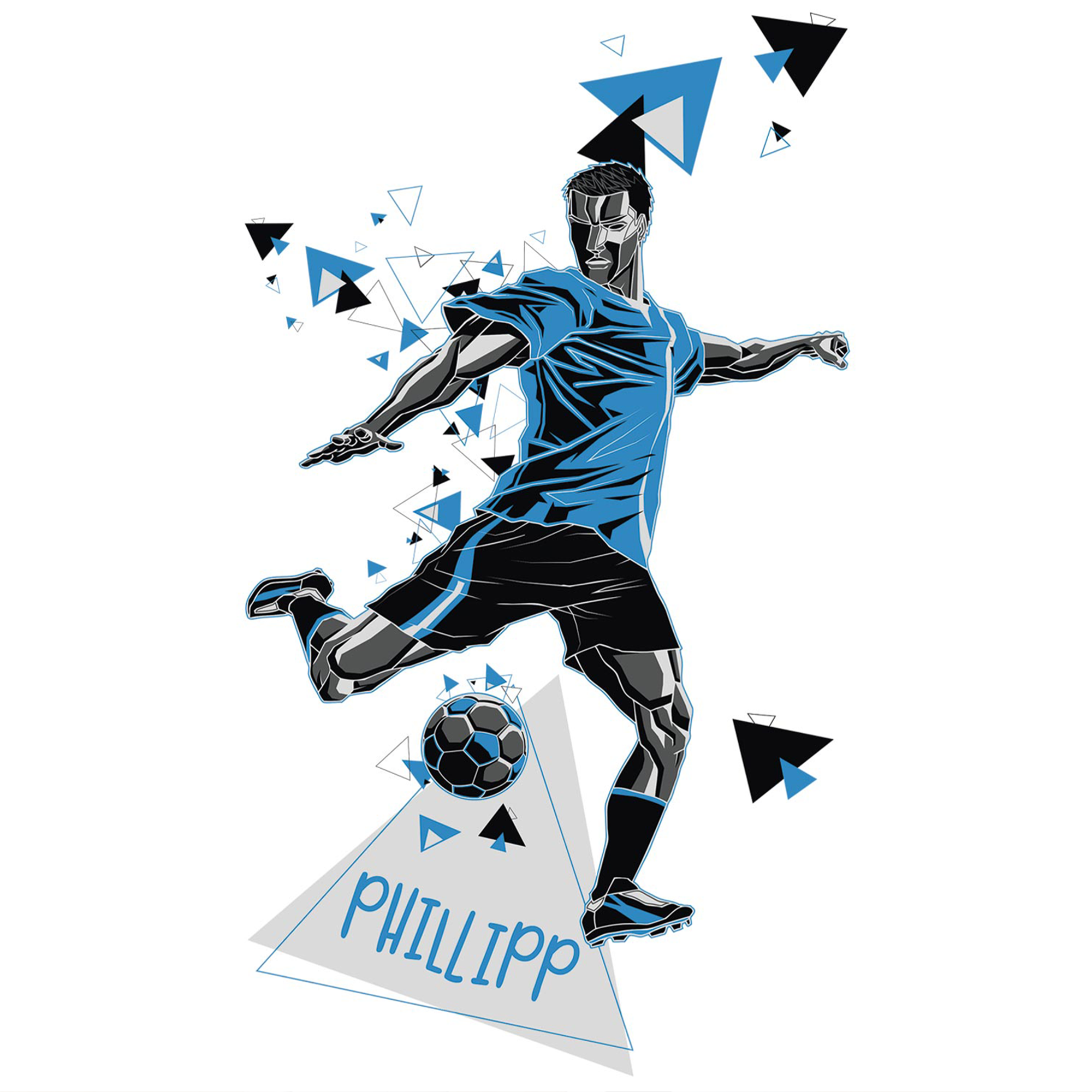 Fußballspieler in blauem Trikot, dynamische Pose, geometrische Elemente.