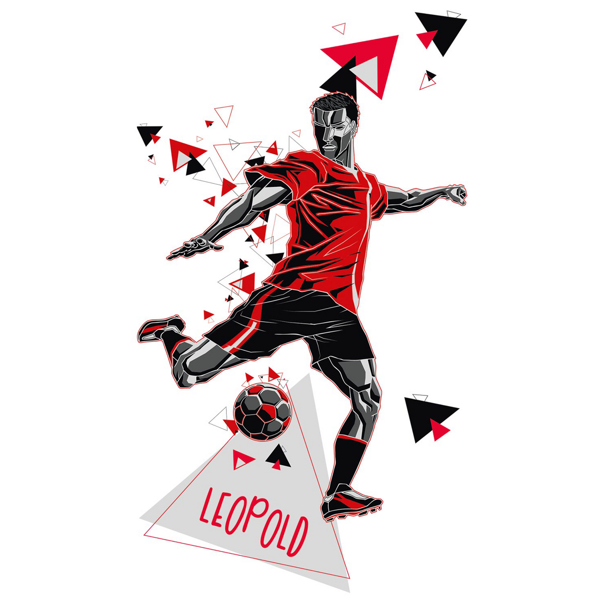 Fußballspieler in rotem Trikot, dynamische Pose, geometrische Elemente.