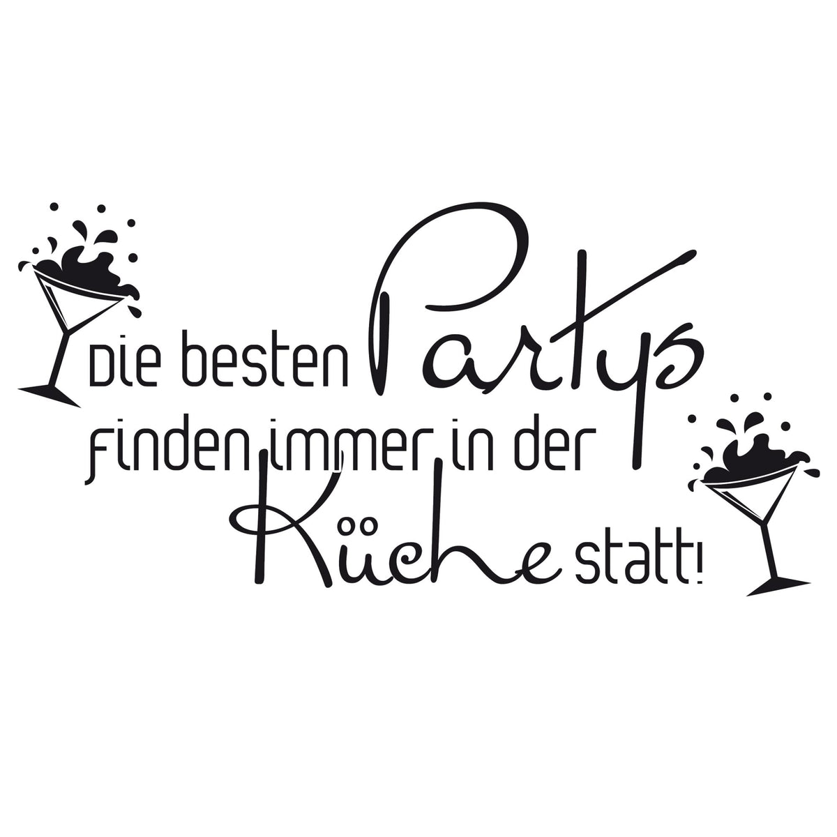 Schwarzer Schriftzug mit Gläsern: "Die besten Partys finden in der Küche statt!"
