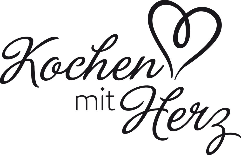 Kochen mit Herz, elegante schwarze Schrift, Herzsymbol.