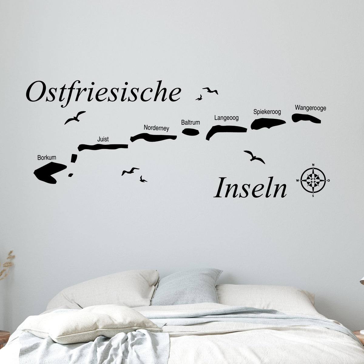 Wandtattoo Ostfriesische Inseln in Schwarz mit Kompass.