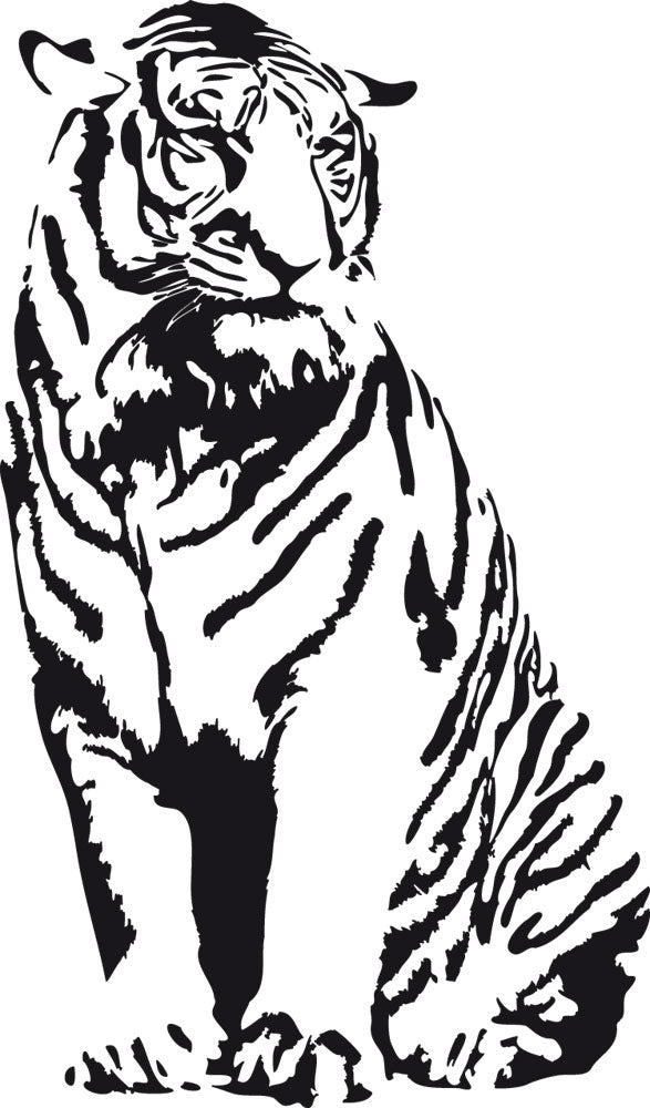 Schwarz-weißer Tiger in sitzender Position, detaillierte Linienführung.