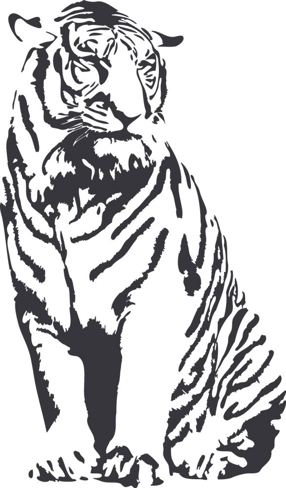 Schwarz-weißer Tiger, sitzend, detaillierte Fellzeichnung.