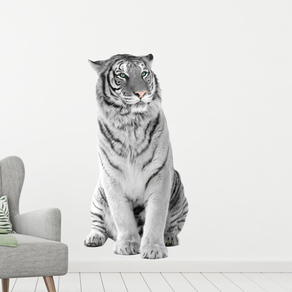 Weißer Tiger als Wandtattoo, realistische Details und Farben.