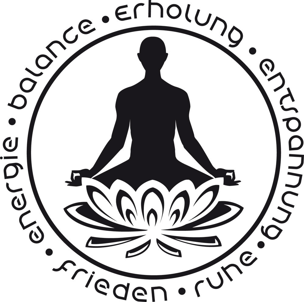 Schwarze Silhouette meditierender Person mit Lotusblüte.