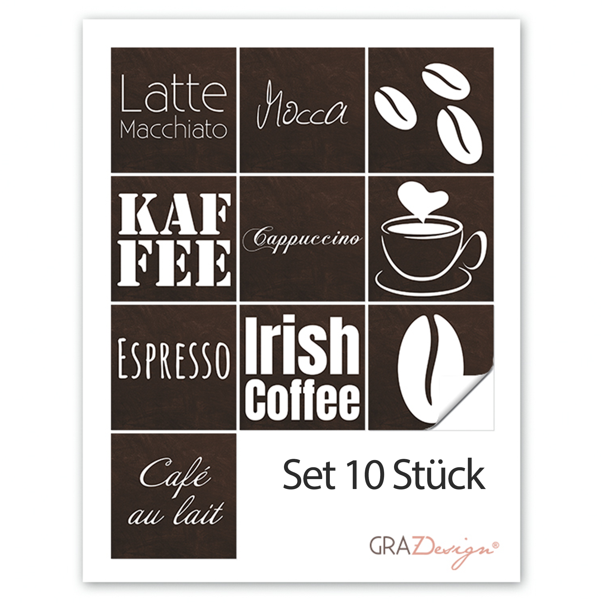 Kaffeetassen-Set mit verschiedenen Kaffee-Sorten, braun-weiß.
