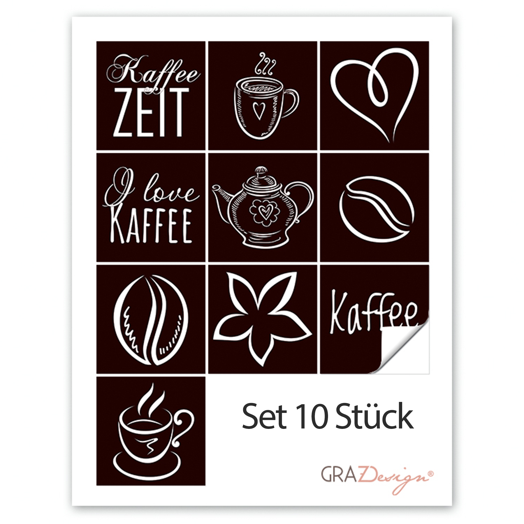 Kaffeetassen-Motiv, schwarz-weiße Illustrationen, Set 10 Stück.