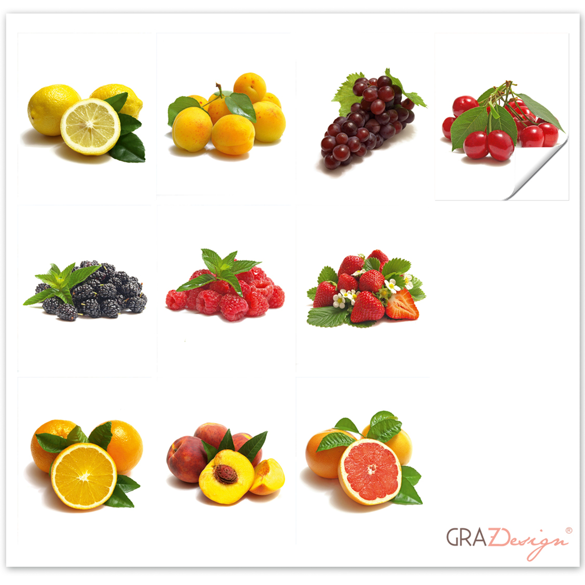 Zitrone, Pflaumen, Trauben, Kirschen, Brombeeren, Himbeeren, Erdbeeren, Orange, Pfirsich, Grapefruit.