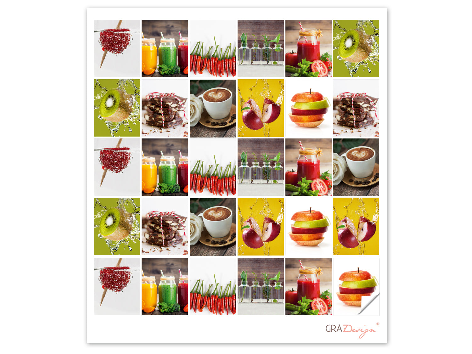 Bunte Getränke, frisches Obst, Chili und Desserts in Collage.