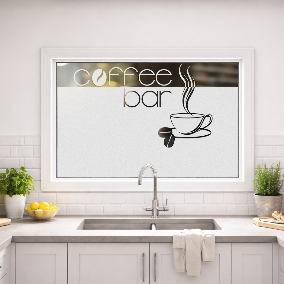 Kaffeetasse mit Dampf und "coffee bar" Schriftzug.