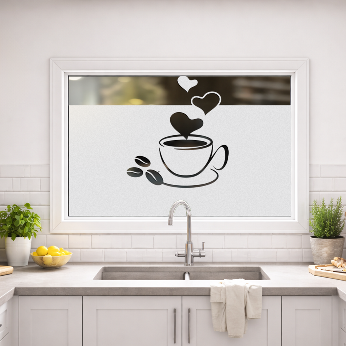 Schwarze Kaffeetasse mit Herzen und Kaffeebohnen.