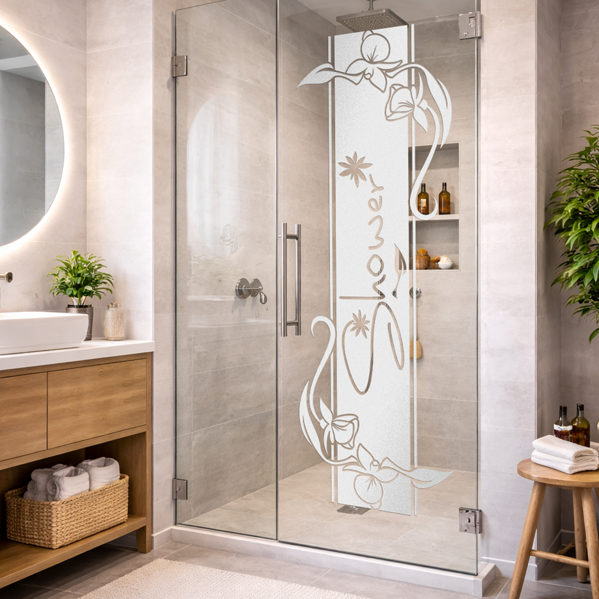 Glas-Duschabtrennung mit floralem Design und "Shower"-Schriftzug.