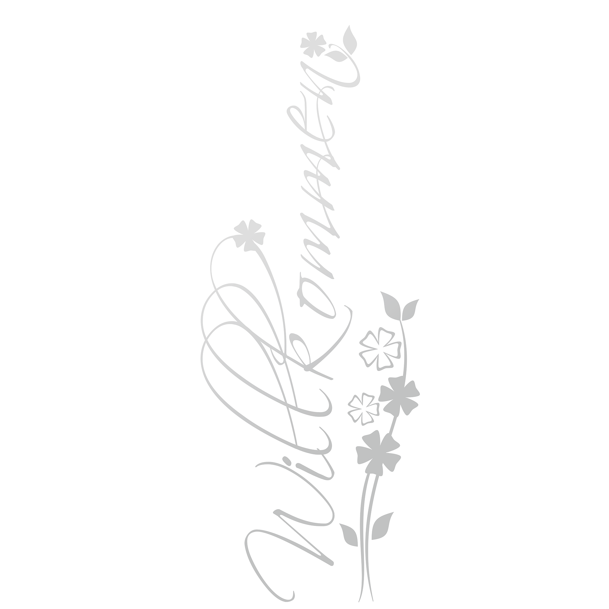 Willkommen Schriftzug in Silber mit floralen Motiven.