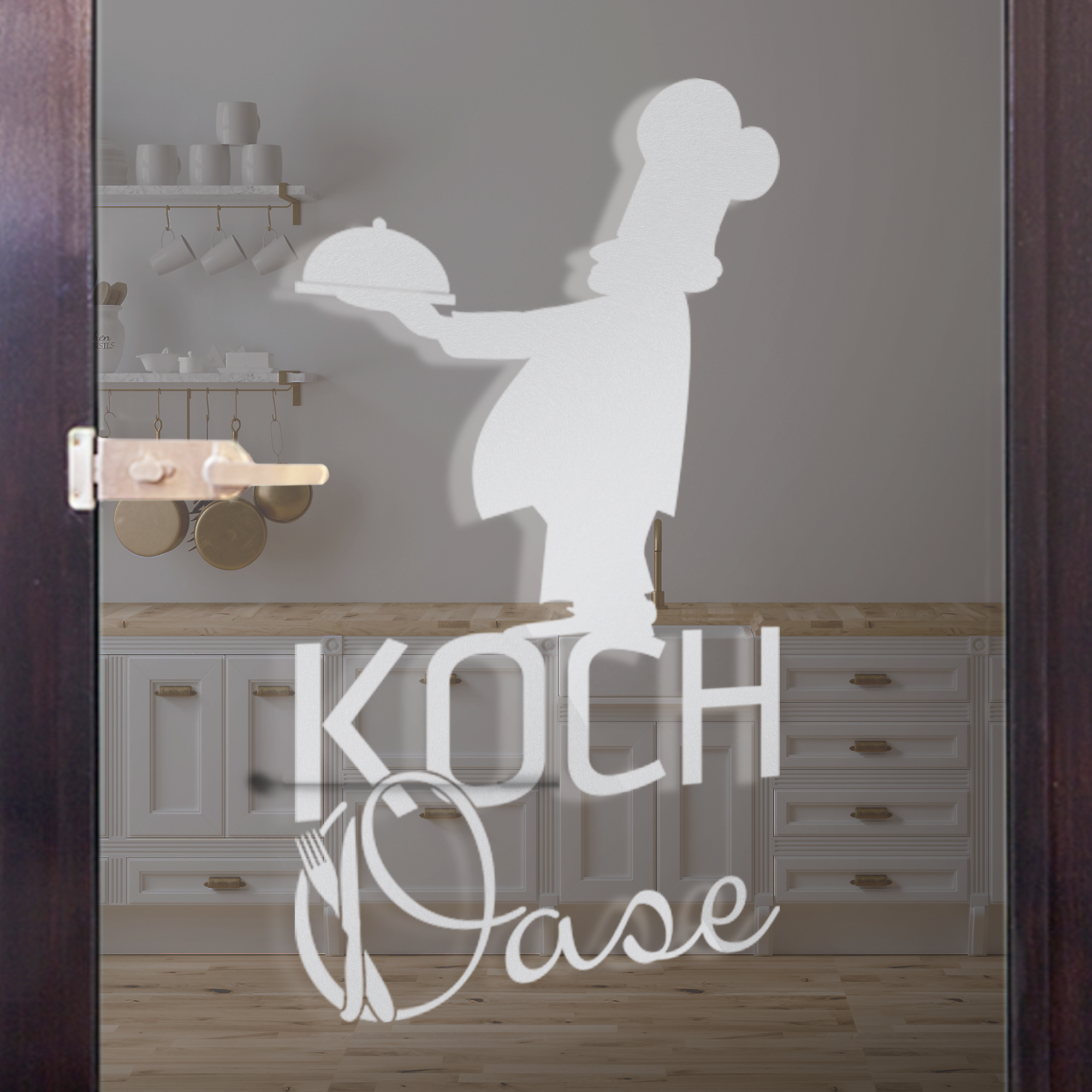 Koch-Oase Schriftzug mit Kochfigur in Weiß.